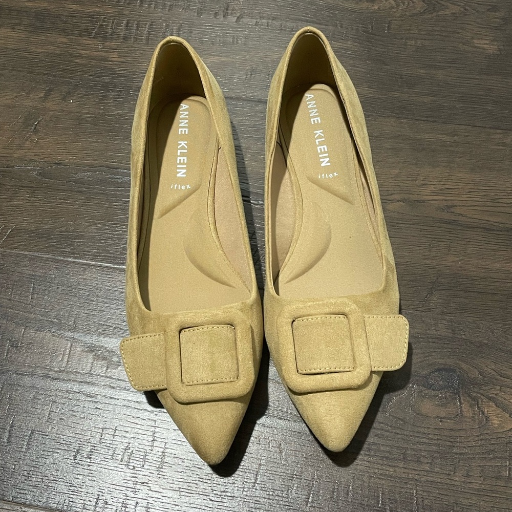 Anne Klein Tan Pointed-Toe Suede Flats with Buckle Accent